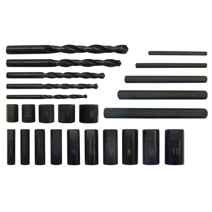 A set of black screw extractors with various sizes, including drill bits and guide sleeves, displayed on a white background.