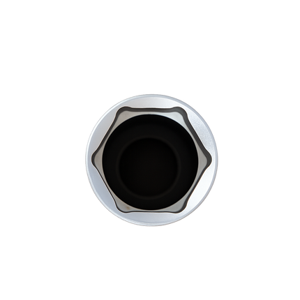 Metallic screw with black center on a white background