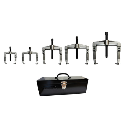 5 x 2 Leg Mechanical Pullers in a line with a storage tin on a white background 