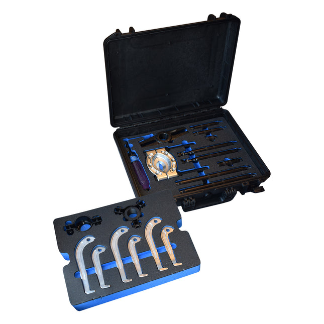 Hydraulic puller and separator kit in a black case with foam interiors, including various tools and components.