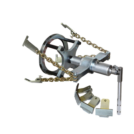Hydraulic wheel puller tool with metal chains and hooks, designed for removing HGV vehicle wheels