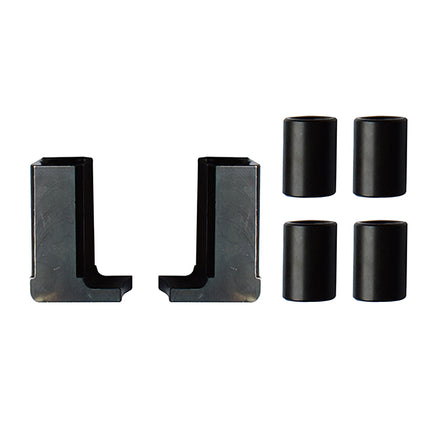 A set of black metal puller parts, including two pairs of setting sleeves and corresponding legs for a mechanical puller.