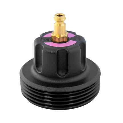 A black cap adaptor with a gold-colored connector, designed for use with various car models for cooling system pressure testing.