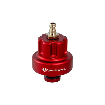 A red metal cooling cap adaptor for Tesla Model 3 & Y vehicles.