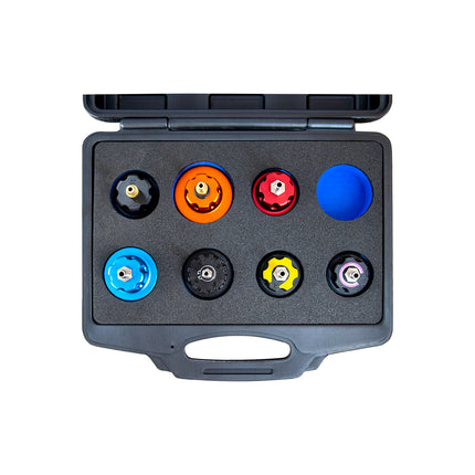 Black case with foam including 7 cooling caps on a white background 