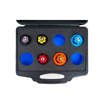 5 coloured cooling caps set in foam and a plastic case.