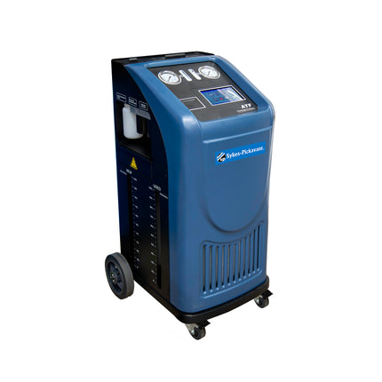 Blue automatic transmission flush machine with digital display on a white background