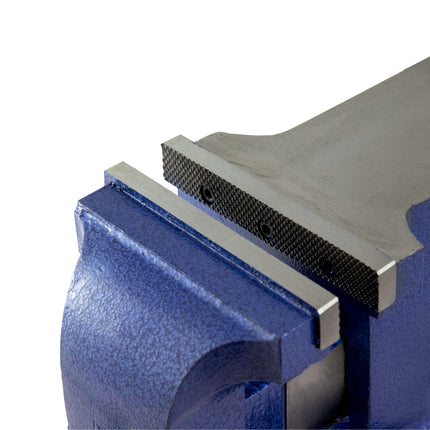 close up of the jaws on the sykes pickavant blue & sivler 6" anvil vice