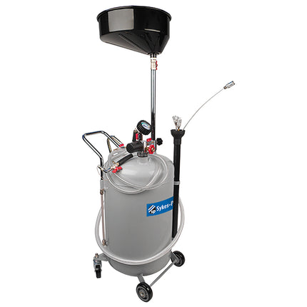 Air operated oil extractor on wheels with a grey reservoir, black upper reservoir cover, and various extraction probes and adaptors.