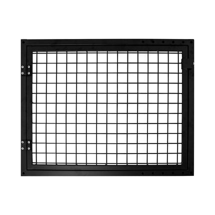 A black metal press guard with a grid-like pattern, designed to protect personnel from hydraulic presses.