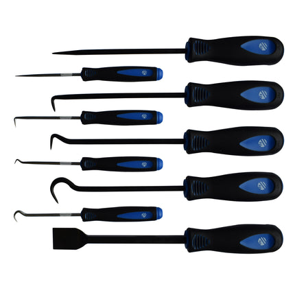 A set of 9 hooks, picks, and a scraper with black and blue handles, displayed on a white background.