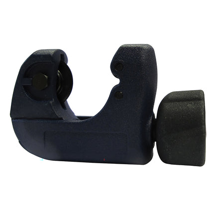 A mini pipe and tube cutter, primarily blue in color, designed for one-hand operation with visible black cutting pads.
