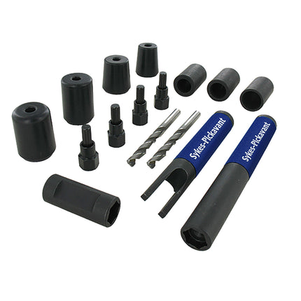 components of locking wheel nut removal kit, mutliple components including centering guides, drills, extractors and other parts required to remove locking wheel nuts