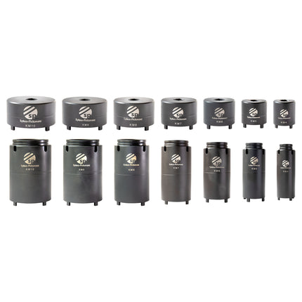 A set of black KM sockets with extension tubes, each labeled with a size number and the brand name 'Sykes Pickavant'.