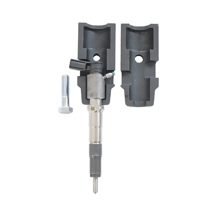 Diesel injector held with the GO544 clamp block with securing bolt, illustrating proper set up for safe and stable injector extraction